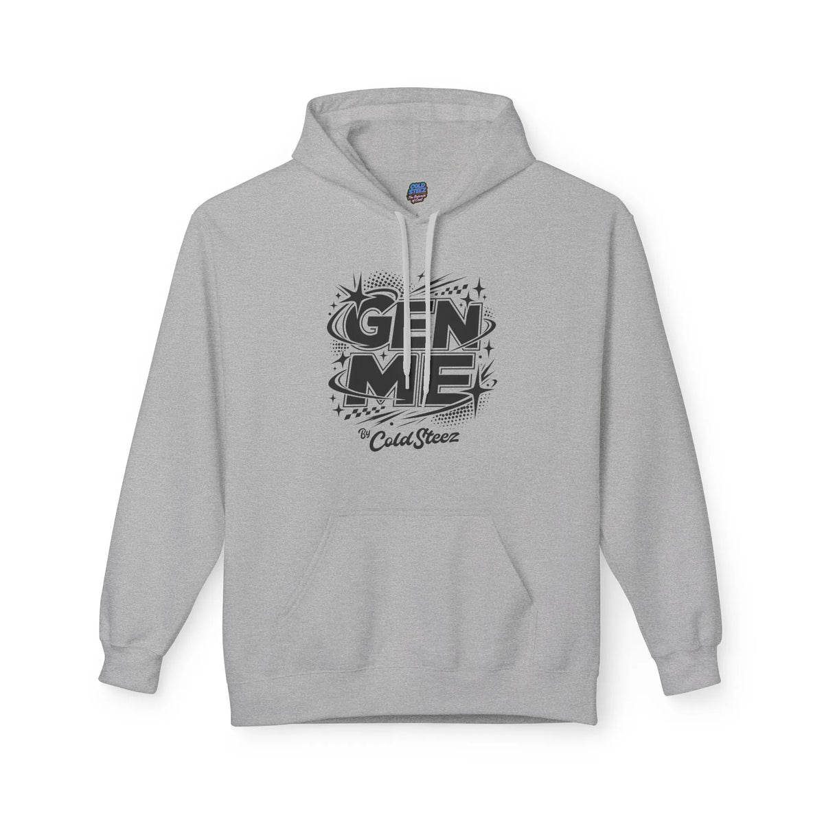 Gray hoodie with a graphic design on a white background