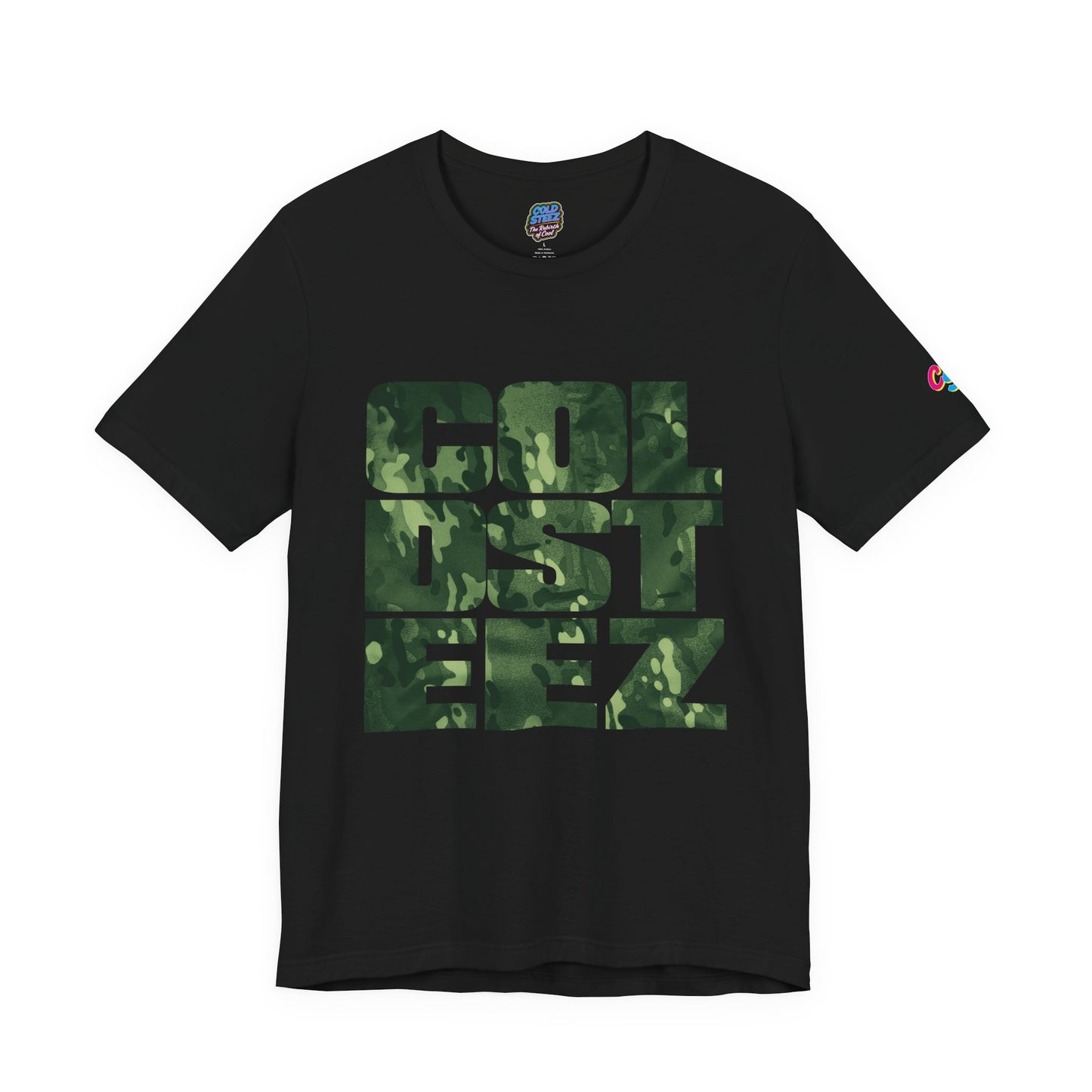 A black short-sleeve t-shirt with a green camouflage block graphic spelling 'COLLEGE' on the front, shown against a plain white background.