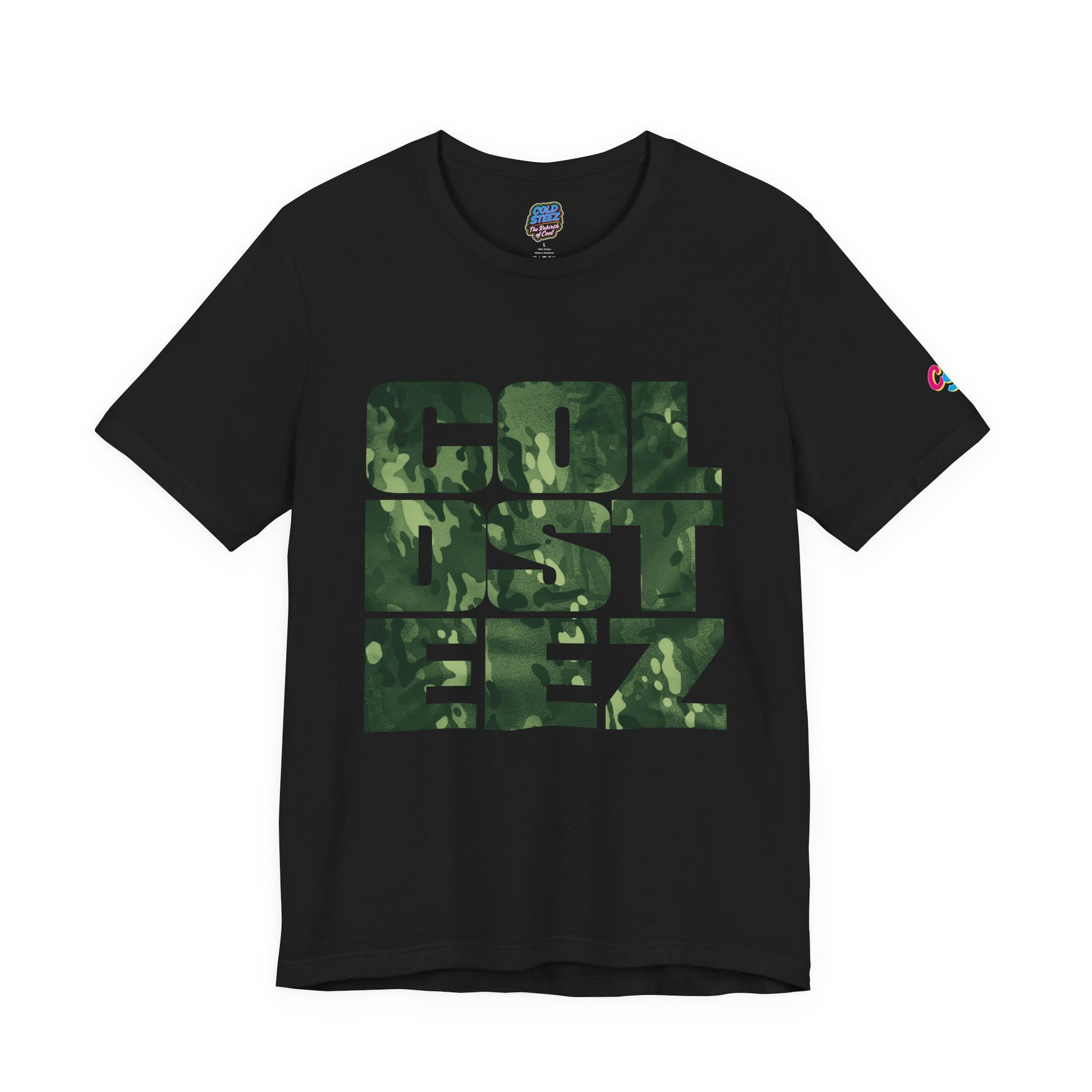 A black short-sleeve t-shirt with a green camouflage block graphic spelling 'COLLEGE' on the front, shown against a plain white background.