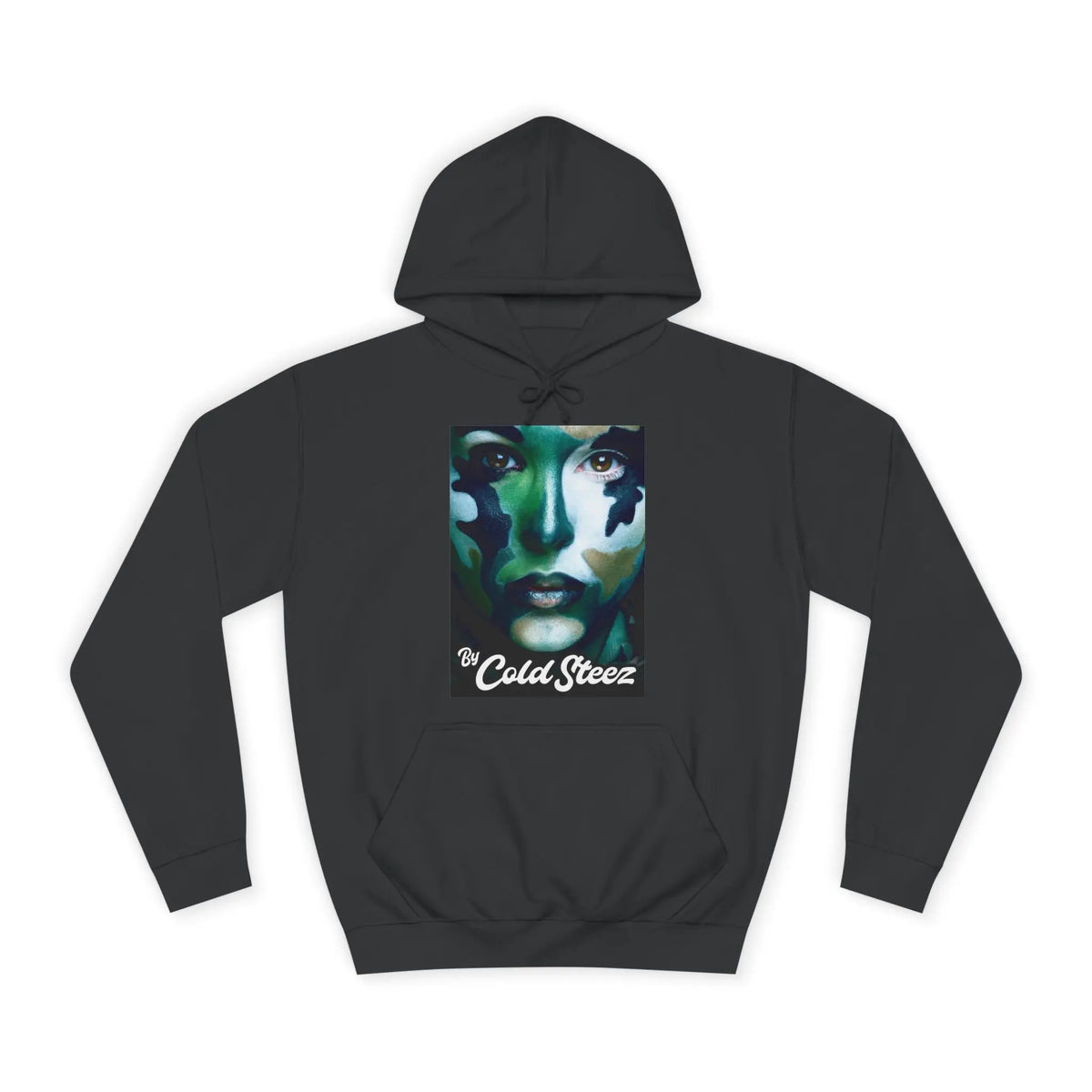 A dark charcoal gray pullover hoodie with a graphic print of a stylized face in green, blue, and black tones, featuring the text 'The Cold Streez' in white script below the graphic.