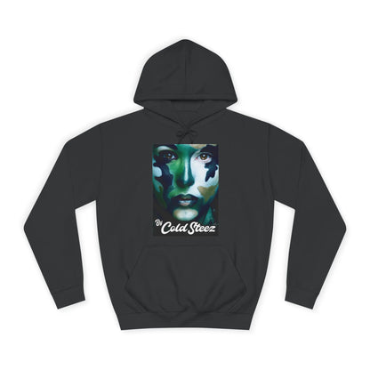 A dark charcoal gray pullover hoodie with a graphic print of a stylized face in green, blue, and black tones, featuring the text 'The Cold Streez' in white script below the graphic.