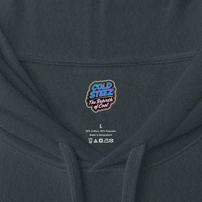 Close-up of a dark charcoal gray hoodie showing the inner neck label with the brand logo 'COLD STIZZ The Rebels of Cool' and size/manufacturer details.