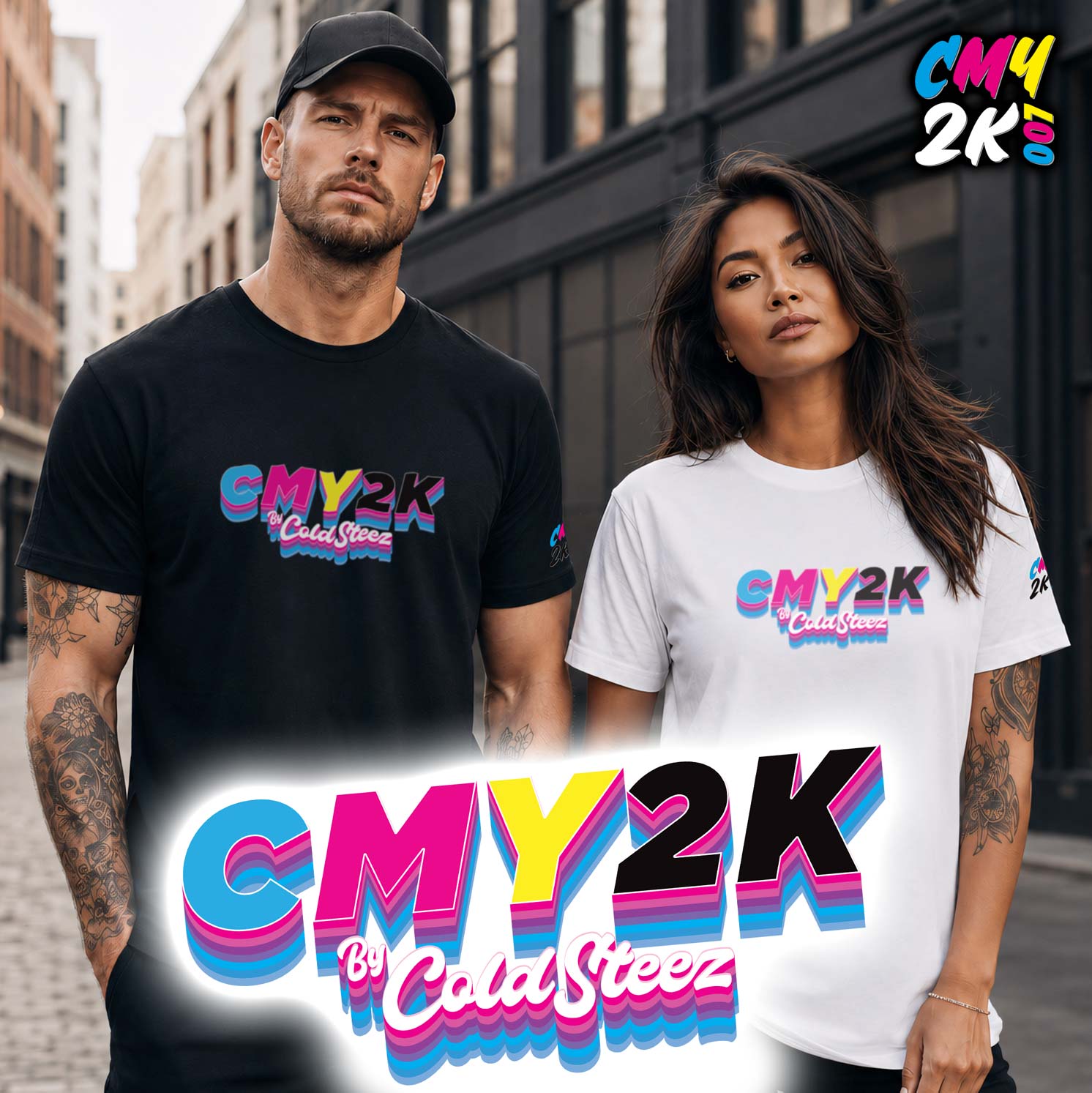 CldSteez CMY2K T-Shirt range. CMY2K007 - "Colour Code" Tee. man and woman wearing a black and whiter tee respectively