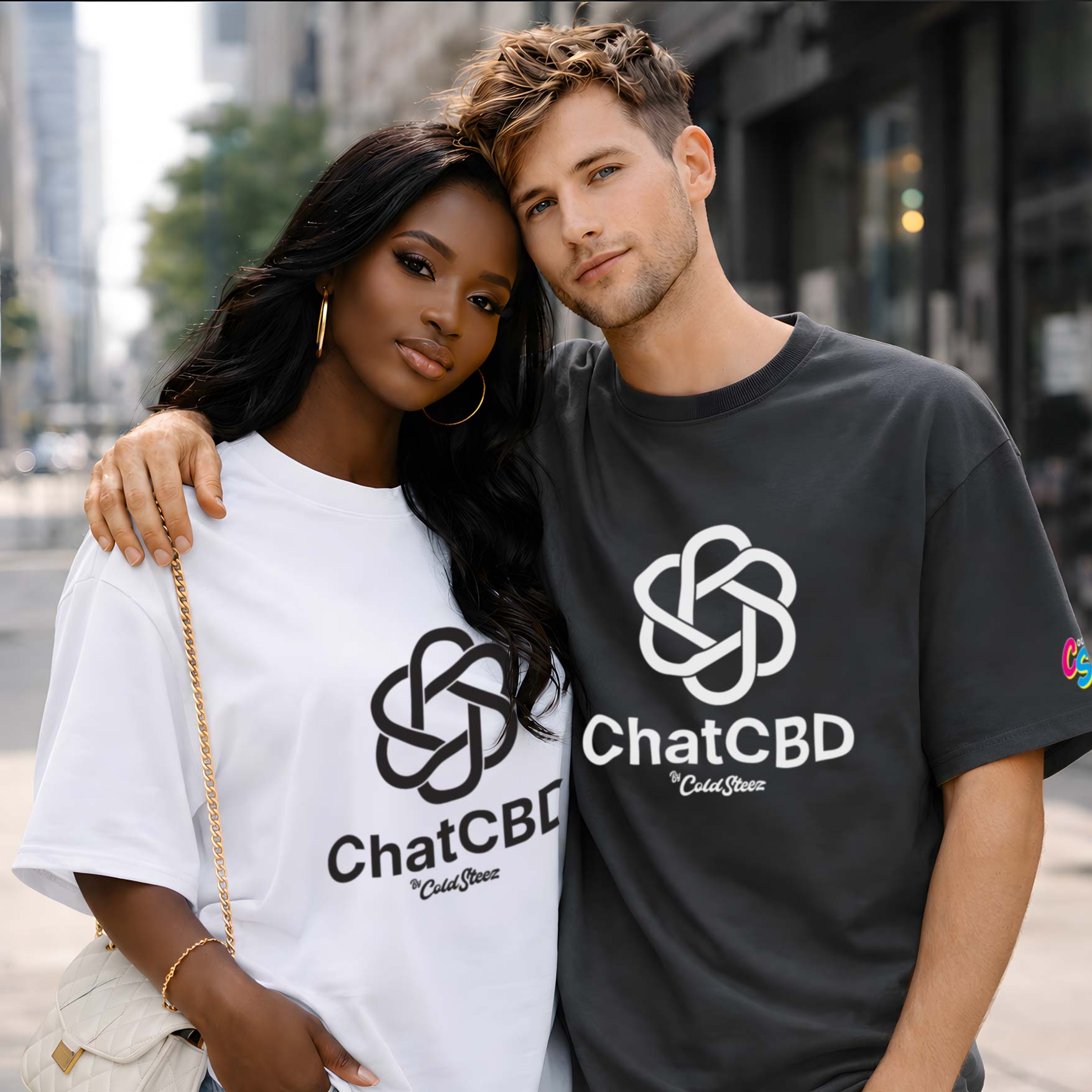 A man and a woman standing together in an outdoor city setting, both wearing matching black and white t-shirts featuring a white interlocking knot logo and the text 'ChatCBD' and 'ColdSteez'.
