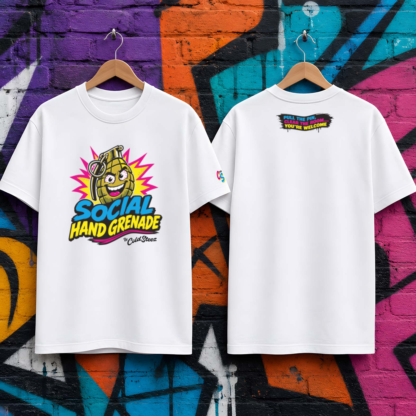 ColdSteez CMY2K SSH (Social Hand Grenade) T-shirt. It displays a comic hand grenade character as a cartoon figure with bold graphics/colours/passion
